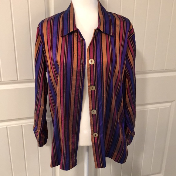 VTG LisBETH Olso Silk Dupioni Striped Shell Button Front Blouse - Picture 4 of 9